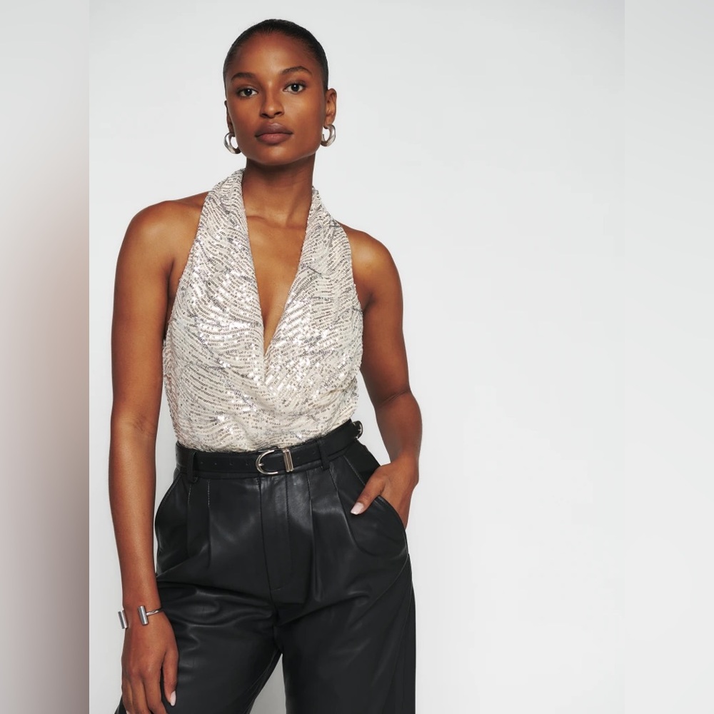 NWT Reformation Brandi Halter Top Silver Sequined S